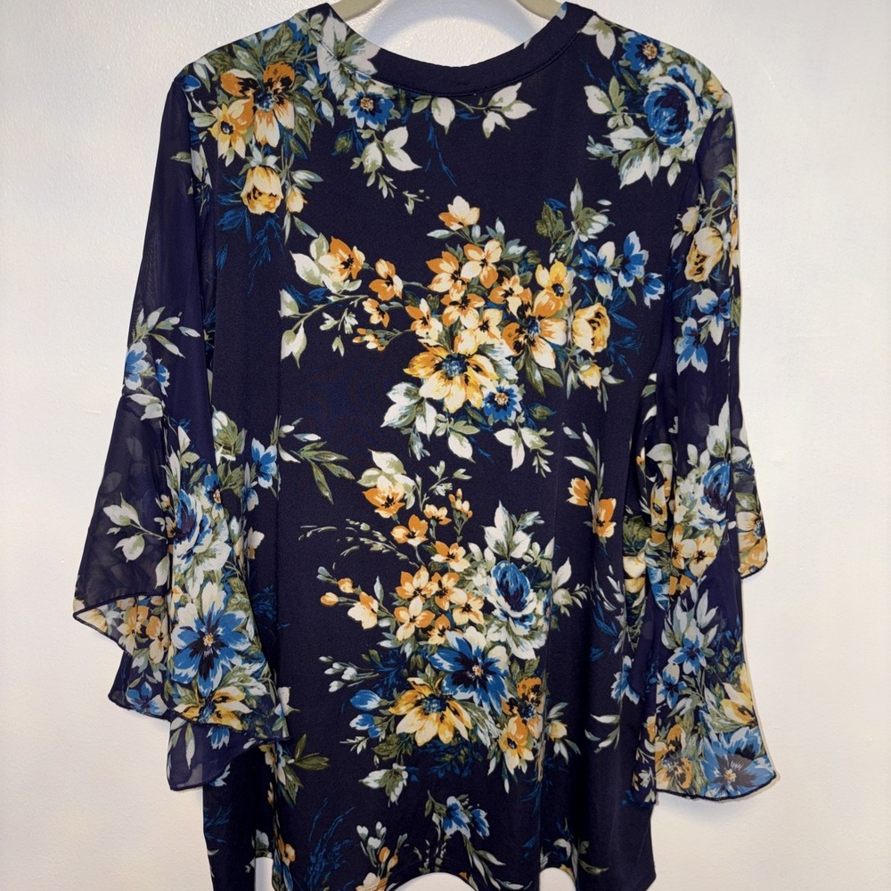 PERCEPTION CONCEPT Women's Blouse Size 2X BLUE FLORIAL Shirt Top Boho Tunic Fall - Picture 5 of 6